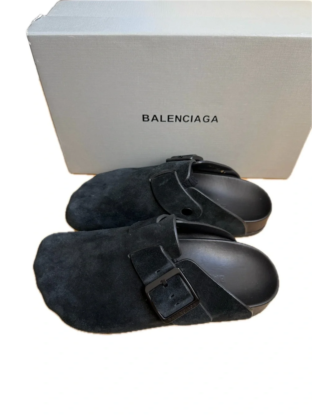 Balenciaga Men's Black Suede Slip-On Clogs with Buckle Strap